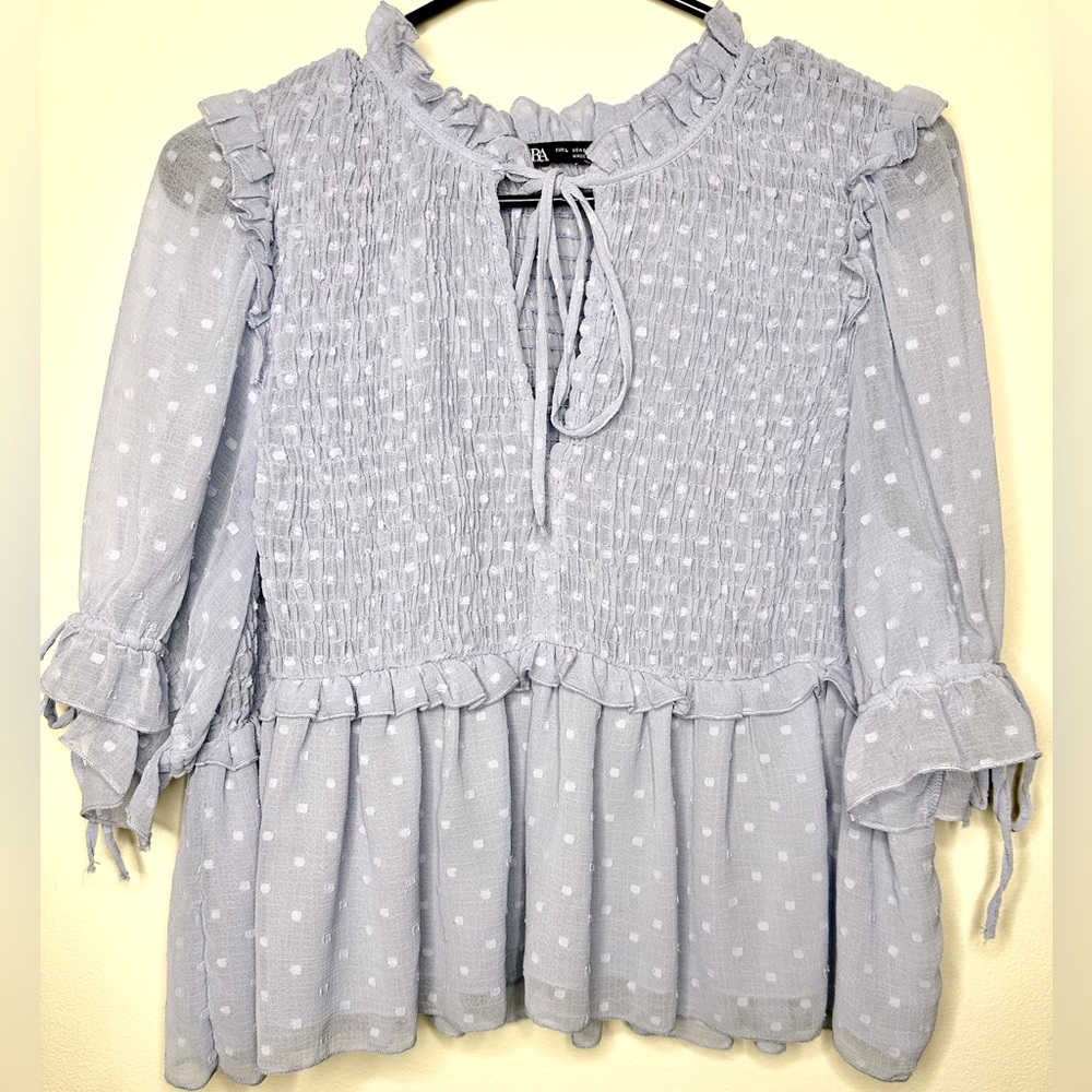 ZARA babydoll top semi sheer boho blue feminine milkmaid blouse size large